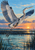A blue-gray great blue heron lifts above estuary water at sunset, wings extended and legs trailing over splashes, reeds, and reflections.