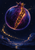 A luminous violet-blue pomegranate-shaped orb with a star-filled glowing seam floats above clouds, mountains, and reflective water as golden sparks arc below.