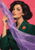 A woman with a dark bob in an emerald coat holds a translucent lavender scarf beside her face; a coral flower brooch stands out against a warm pink background.