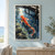 A red-orange and cream koi turns through blue water beneath an arched dark wooden bridge, with two smaller fish, rocks, and reflections nearby.; frame shown for styling only