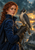 Adult red-haired woman in a dark sapphire coat beside a hooded falcon perched on her gloved hand, with storm clouds and amber sunset light.