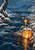 Three glowing amber paper lanterns float among snowy reeds in a dark stream beneath a low stone bridge, framed by snow-covered branches.