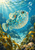 A large turquoise pufferfish with orange spots swims upward among bubbles and kelp, with a shell at the lower right.