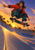 Helmeted woman skateboarder airborne above a concrete bowl at sunset, with palms and a distant skyline.