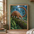 Copper-scaled pangolin crossing a wet mossy log toward a small beetle, with its long tail arcing over rainforest ferns.; frame shown for styling only