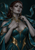 Pointed-eared fantasy priestess with auburn hair, teal-and-gold clothing, a spider-shaped jewel, and curling teal ribbons against a dark background.