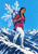 Pointed-eared woman in magenta and white winter clothing carries a large crystal snowflake structure on a snowy mountain ridge.