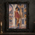 A woman in a rose-colored dress stands beside an oversized upright-eared hare in a marble-and-mosaic hall with arched openings.; frame shown for styling only