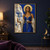 A woman in a blue gown and patterned mantle holds a decorated bowl before a gold disk, stars, crystals, and a narrow sea view.; frame shown for styling only