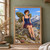 A seated woman in blue and purple on an alpine slope, framed by wing-like greenery, flowers, a lake, and snow-capped mountains.; frame shown for styling only