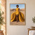 Barefoot short-haired woman in a golden sleeveless dress with expansive radiating pleats walking across a desert with dunes and cracked ground.; frame shown for styling only