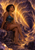 Curly-haired woman seated on a rocky ledge inside a glowing amber tunnel.