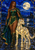 Emerald-and-gold-clad woman beside a pale-gold faceted hound beneath a moon in a stained-glass-like scene.