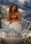 Woman in a copper dress inside an oversized blue-and-white floral teacup during a rainstorm, with a distant lit settlement.