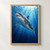 A large great-white-like shark swims diagonally upward through blue water beneath a small school of fish and shafts of sunlight.; frame shown for styling only