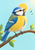 Blue-and-yellow songbird with an open beak perched on a curved branch beneath a yellow sun against pale aqua.