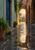 Rain-wet old-city passage with a blue door, pale green wall, brick arches, potted ferns, and a puddle reflecting the bright archway.