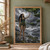 Barefoot woman in leafy green attire reaching toward moss-covered branches beside a lake under a lightning storm.; frame shown for styling only