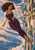 Dark-haired cosmic witch floating diagonally toward a balcony beside a fantastical city in the clouds.