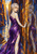 Faceted crystal-like woman in a purple gown touches a reflective wall in an angular multicoloured corridor, with her reflection filling the right side.