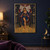 A woman in a blue-and-gold dress opens dark curtains before a large pale moth-wing design, with celestial and floral ornament.; frame shown for styling only