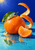 Glossy orange citrus fruit with a green leaf, cut wedge, and curling peel beside rippling water on a turquoise surface.