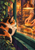 A calico cat sits at a bakery window watching a baker place a golden bun on a cooling rack, with a copper lamp and trailing vine nearby.