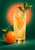 Clear highball glass with bubbly pale-gold citrus drink, an orange slice, and leafy sprig, beside a whole orange on a deep green background with a coral halo.