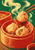 Red chopsticks hold a pleated dumpling above a bamboo steamer containing two more dumplings, one cut open to show its filling.