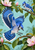 A spread-winged blue jay descends toward a branch among magnolia leaves and pink blossoms while a second blue jay perches above against a pale aqua background.