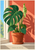 Potted monstera with a large split leaf and unfurling leaf on a windowsill against a coral wall, with a small title at the bottom.