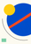 Cobalt-blue circle crossed by a vermilion diagonal band, with a golden-yellow circle, black arc, and mint rectangle on warm white.