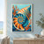 A large turquoise, orange, and dark-blue chambered nautilus-like shell angled diagonally among branching coral on a pale aqua background.; frame shown for styling only