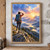 Back-facing hiker with a backpack and trekking pole at a rocky mountain overlook, watching sunrise over a lake and layered peaks.; frame shown for styling only