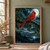 Red cardinal perched on a wet diagonal branch beneath a bright full moon, with rain, leaves, forest, water, and distant hills.; frame shown for styling only