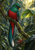 Green-and-red trogon-like bird perched on a mossy branch in a rain-soaked forest beside a large leaf with a hanging droplet.