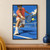 Adult male tennis player in a coral shirt and white shorts lunging with a racket toward a yellow ball on a blue court.; frame shown for styling only