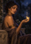Seated woman in draped clothing studies a glowing moth above her open palm in a moonlit garden, with a carved stone bench and pond.