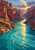 Turquoise river winding through rust-red canyon walls toward a glowing low sun, with a small kayaker in the foreground.
