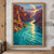 Turquoise river winding through rust-red canyon walls toward a glowing low sun, with a small kayaker in the foreground.; frame shown for styling only
