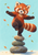 Cartoon red panda balancing on one foot atop three stacked river stones, tail extended, with drifting leaves on a pale aqua background.