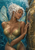 Silver-haired, fin-winged woman in gold-and-teal scale-patterned attire touches the round window of a riveted bronze diving bell underwater.