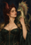 Red-haired horned woman in dark green clothing and bronze armor with a small green spined dragon at her shoulder.
