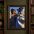 Dark-haired woman in blue with a black raven perched on her gloved arm, before a pale stone city and mountains.; frame shown for styling only