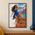 Woman in a vivid blue dress reaches from a pale pencil sketch into a richly painted red-rock canyon with turquoise water and blue sky.; frame shown for styling only
