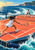 Tennis player lunging for a yellow ball on a coral floating court as an opponent waits across the net, with waves, sailboat, and headland.