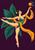 Adult performer in teal balancing on one foot with an extended leg, reaching toward an orange as a saffron sash flows across a plum background with citrus leaves.