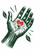 Deep green open palm holding a red heart-shaped flower, with leaves and short radiating marks on a white background.