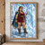 Braided woman in a red dress and fur-trimmed teal cape stands beside a tall iridescent faceted crystal among ice cliffs beneath colorful sky bands.; frame shown for styling only