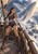 Elf-eared woman in purple armor aboard a wooden ship as a huge luminous, translucent whale rises through clouds above distant vessels and a city.